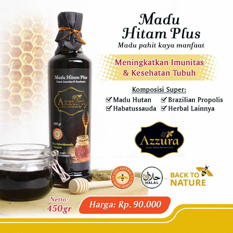 

Madu Azzura Madu Hitam Pahit Plus Propolis Habatussauda 450 gr