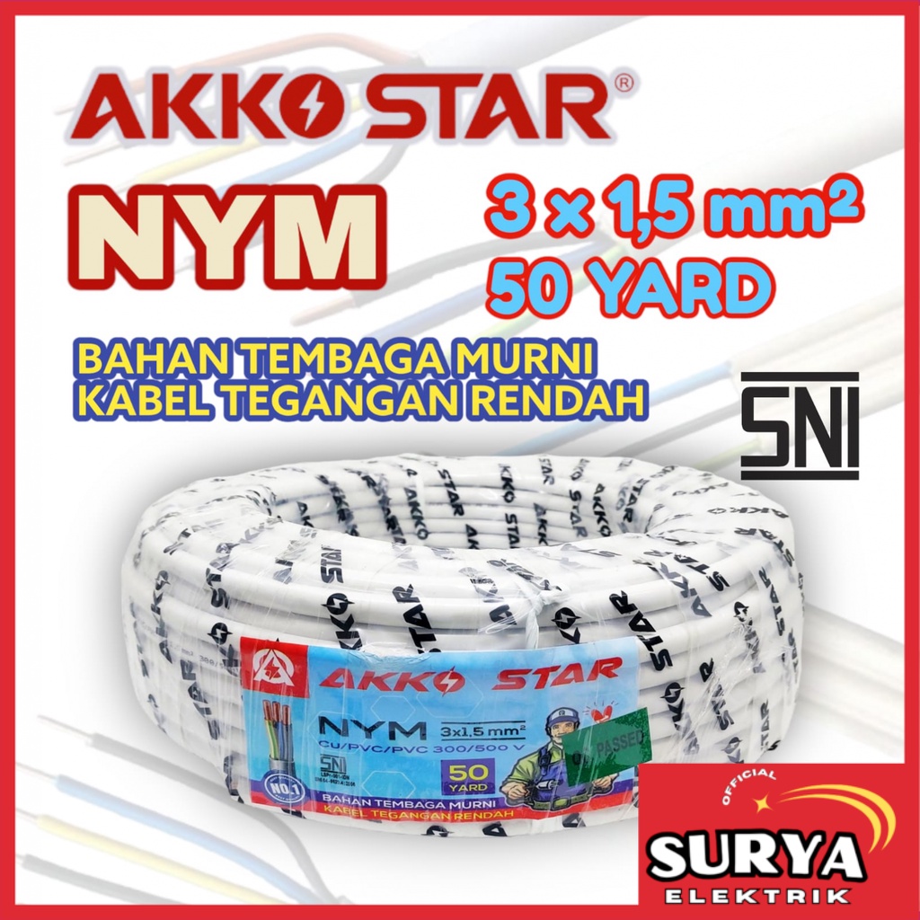 Kabel Listrik Tembaga NYM AKKO STAR 3x1.5 45 M / 50 Yard Standar PLN  SNI