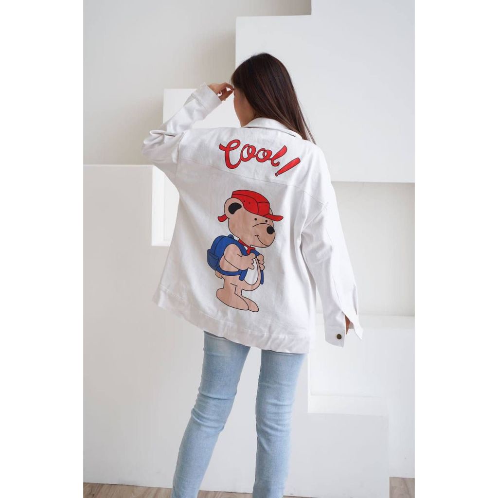 22363 OUTER JAKET BEAR COOL MOTIF SABLON BAGIAN PUNGGUNG VARIASI MOTIF BORDIR DEPAN TANGAN PANJANG W