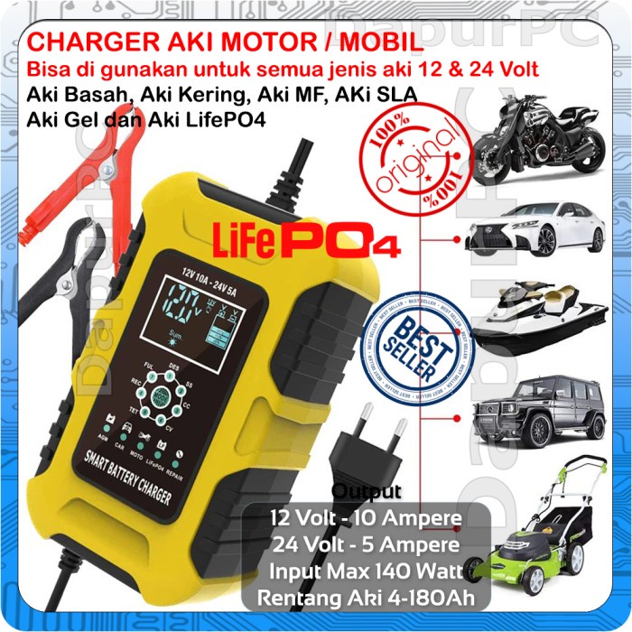 Foxsur Charger Aki 12V-10A 24V-5A 180AH Smart Otomatis LCD Display LiFePO4
