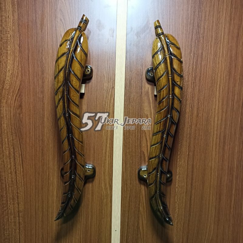 (Daun 4) Gagang handle / handel pintu bahan kayu jati - Tarikan pintu ukir asli jepara motif daun