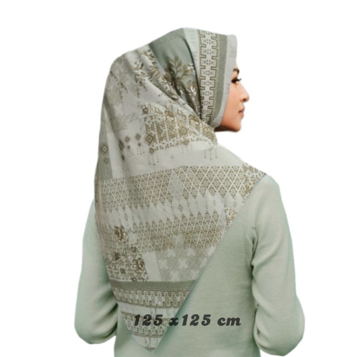 HIJAB SEGIEMPAT SYARI MOTIF BATIK JILBAB VOAL  KERUDUNG JUMBO - Sage
