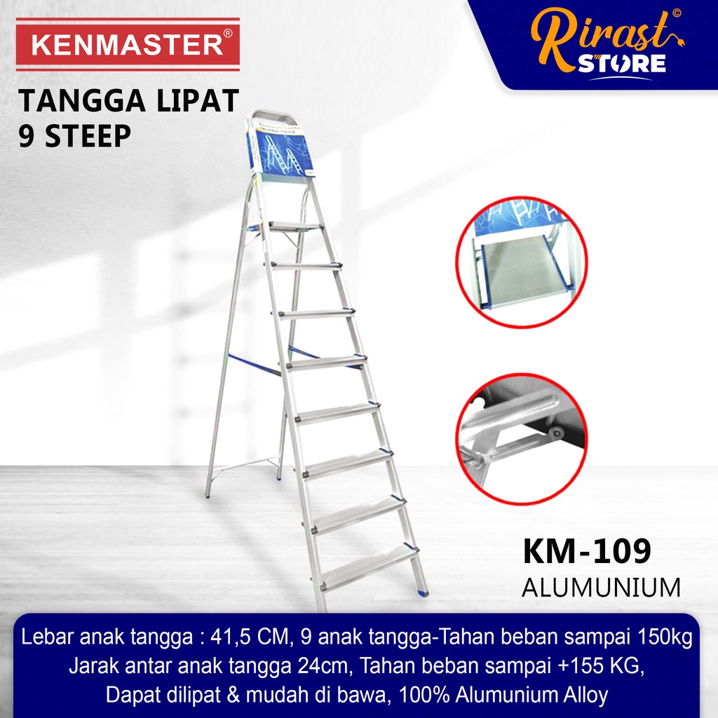 Rirast Store - KENMASTER Tangga Lipat 9 Step Pijakan Household Ladder Alumunium KM109