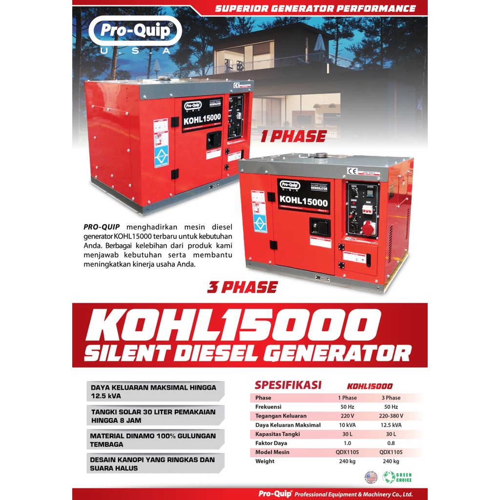 Genset Silent PROQUIP KOHL15000 10Kva 1PH / Power Generator Diesel Solar 10000Watt PRO QUIP KOHL 150