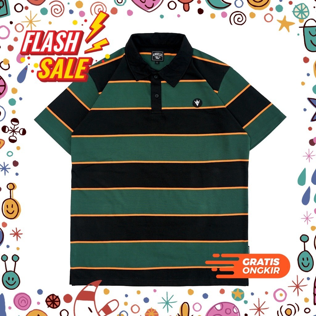 MEGASALE / Angelic Holynpure - Polo Shirt Rugby Pendek Salur Cotton 24s - Black-Green