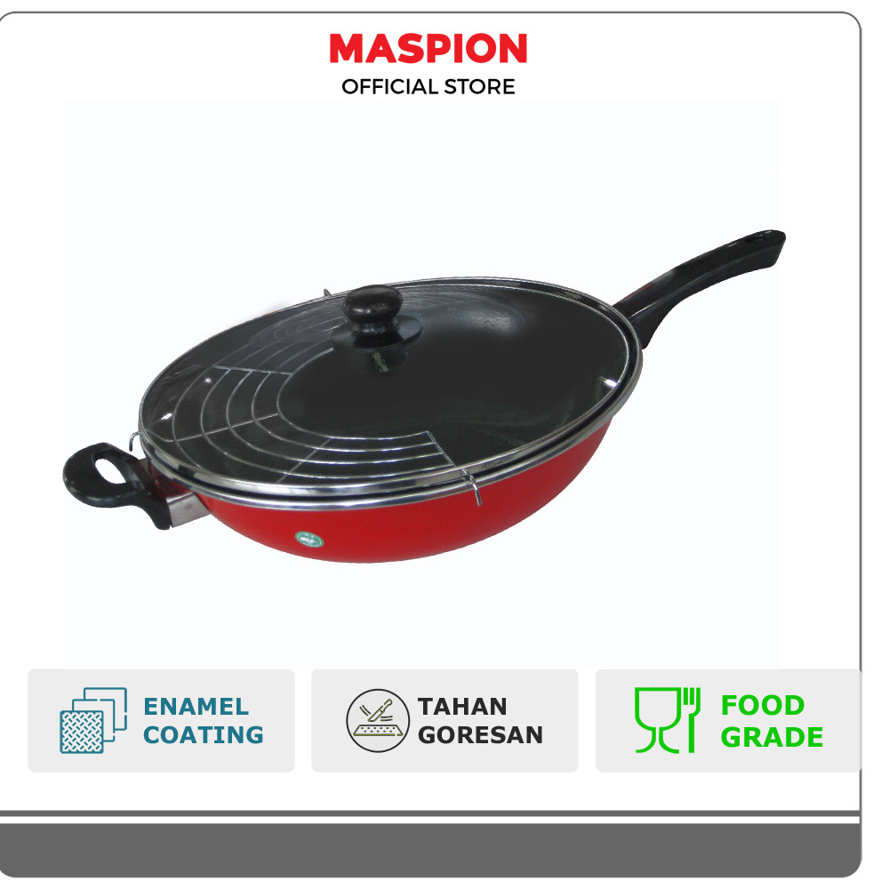 Maspion Panda Stirfry Enamel Ceria Tutup Kaca + Tempura 33 cm