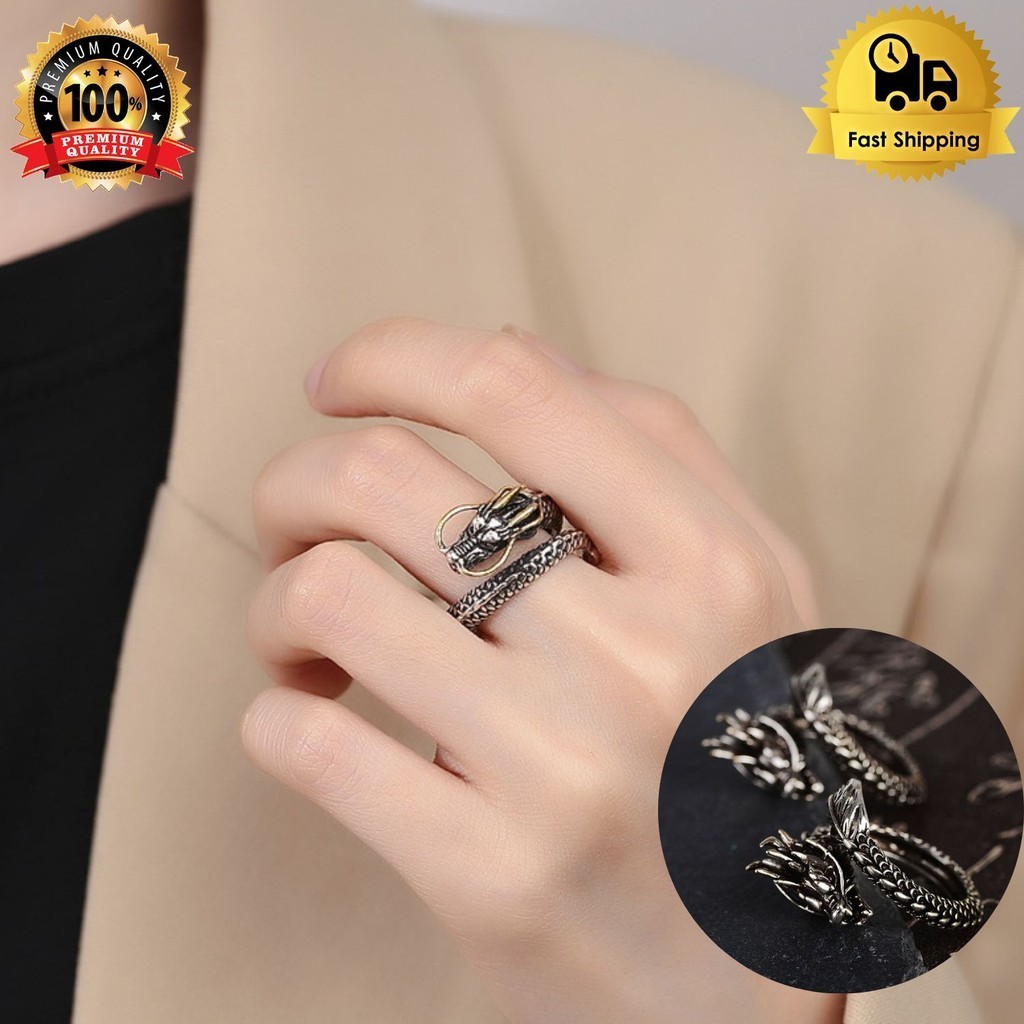 Cincin Pria Naga Melingkar Adjustable Titanium Perak Premium Ori Keren , Cincin titaniumm / Cincin P