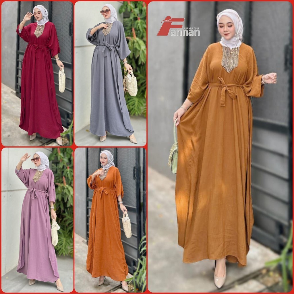 Gamis Dress Lebaran Murah Premium Kekinian / Fannan - Kaftan Crinkle Airflow Premium Jumbo LD 150 I 