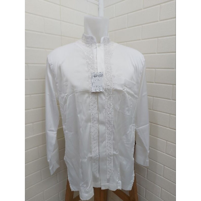 Baju Koko Busana Muslim Pria Misfalah Exclusive Bahan Silk Armany Lengan Panjang Bordir Putih Kode 2