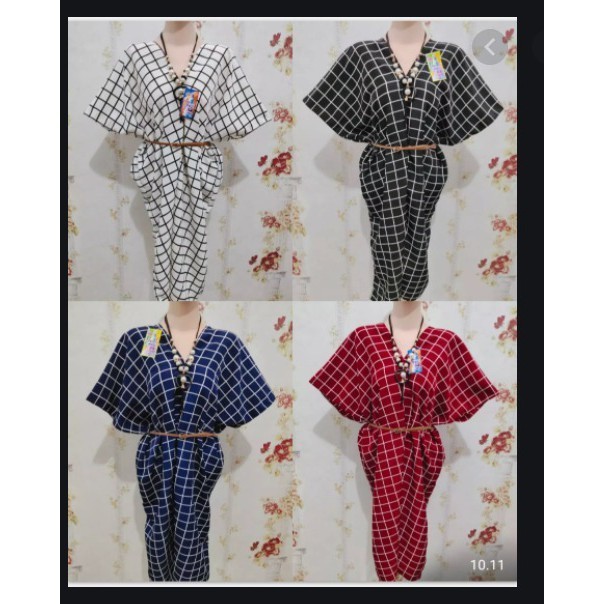 Nuswantara - Kaftan Motif Kotak-Kotak Wanita Model Jepang Kekinian Baju Monalisa Jumbo Free Gesper P