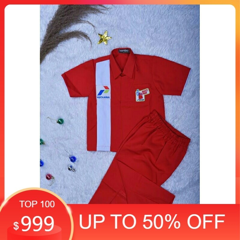 Kostum Baju Pertamina Anak Anak, Setelan Baju Karyawan SPBU untuk Anak Anak