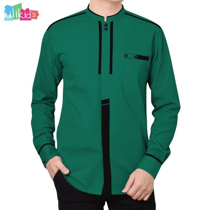Ulikids Baju Koko Kurta Fashion Muslim Pria Dewasa Kombinasi  - Hijau Daun, XL