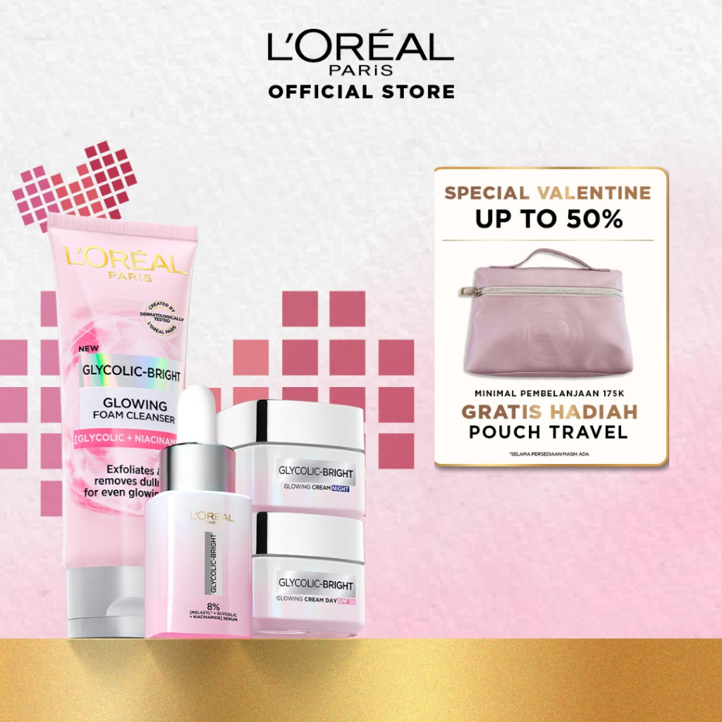 L’Oreal Paris Glycolic Bright Glowing 4 Pcs Skincare Kit Untuk Mencerahkan: Serum, Moisturizer, Faci