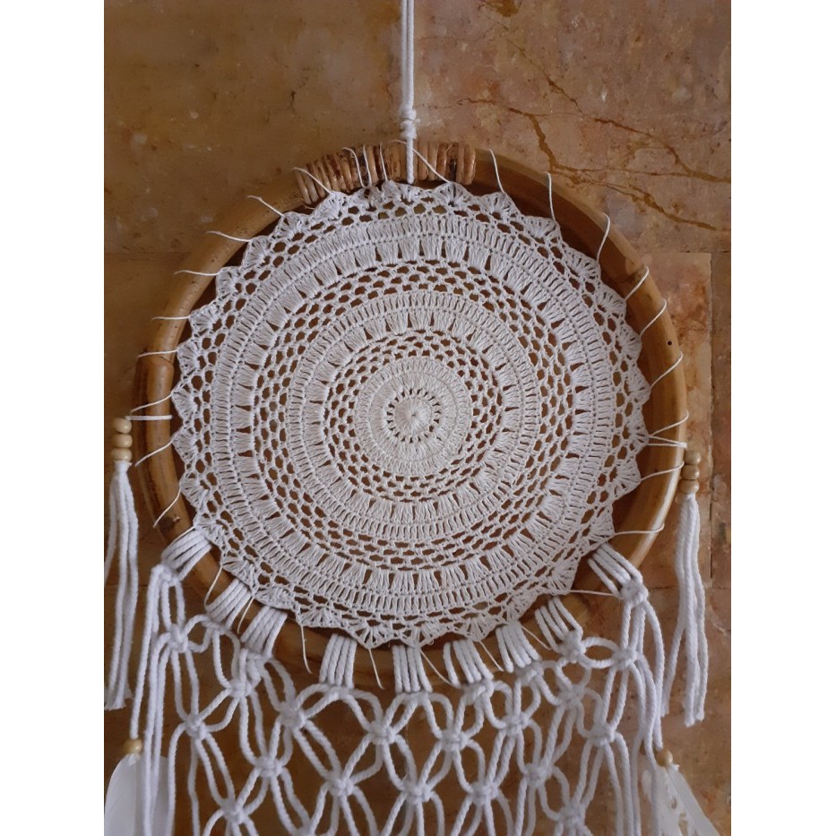 Dream catcher sulam rotan diameter 32cm hiasan dekorasi bulu ayam - Putih
