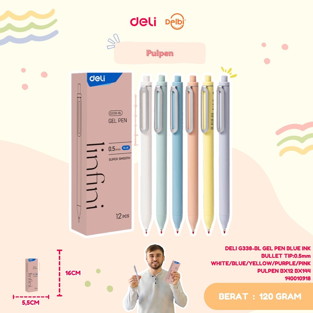 

(1PCS) Deli Pulpen Gel / Gel Pen 0.5mm DELI G338-BL GEL PEN BLUE INK BULLET TIP:0.5mm WHITE/BLUE/YELLOW/PURPLE/PINK PULPEN