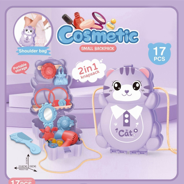 Mainan Tas Makeup Salon Kosmetik Bentuk Tas Kucing Lucu Dress Up Backpack