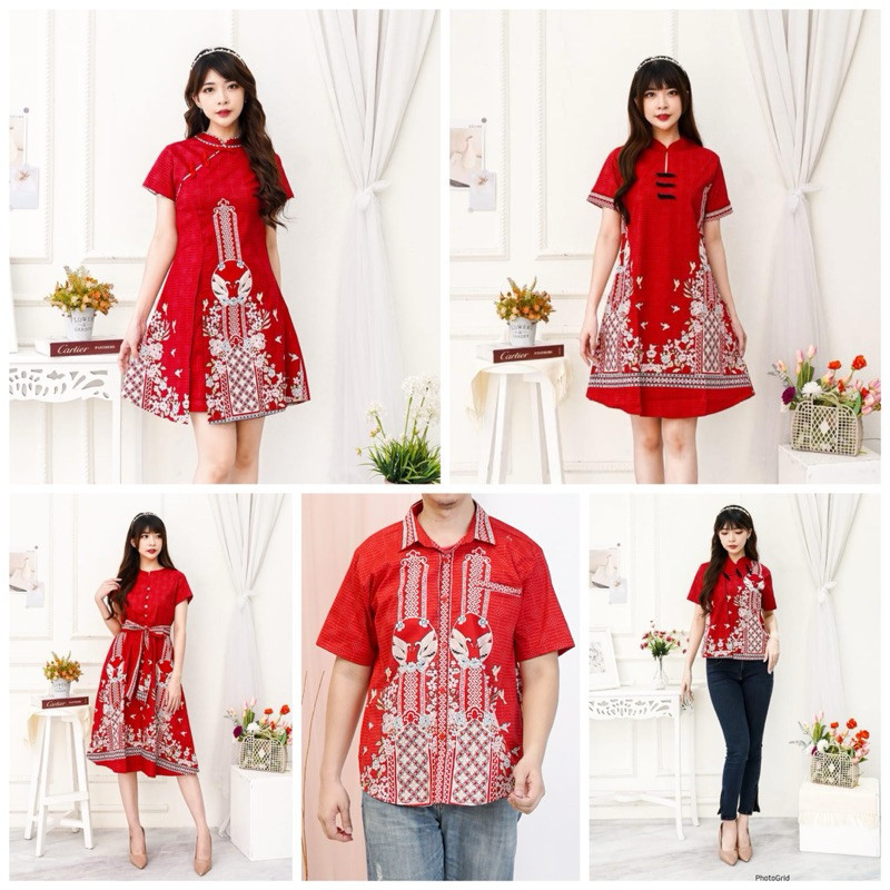 Dress merah batik sangjit / Cheongsam batik couple seragam keluarga qipao / congsam peacock putih