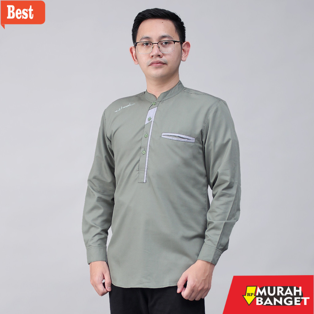 Baju muslim lengan panjang- Kemeja Koko Pria Elrumi Lengan Panjang Motif Abizaar Warna Hijau Sage