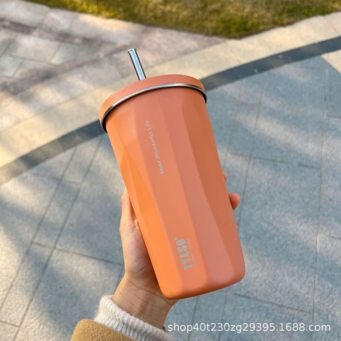 

tumbler sedotan stainless 600ml tyeso free belt tahan panas dan dingin - Orange