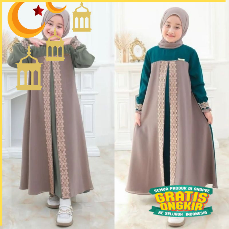 Haruna kids set khimar gamis anak perempuan usia usia 4-14 tahun S.M.L.XL / gamis anak ceruty 2 laye