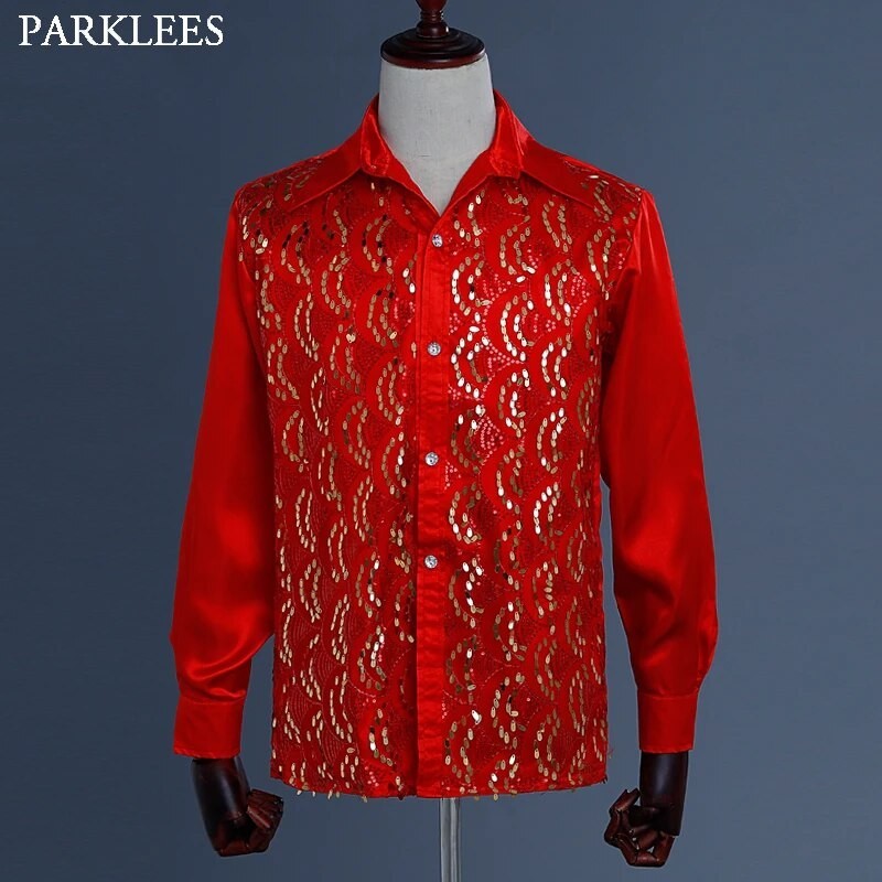 Red Silk Satin Men Shirt Sequin Wedng Party Men Dress Shirt sco Stage cer Men Long Sleeve Fashion Pa