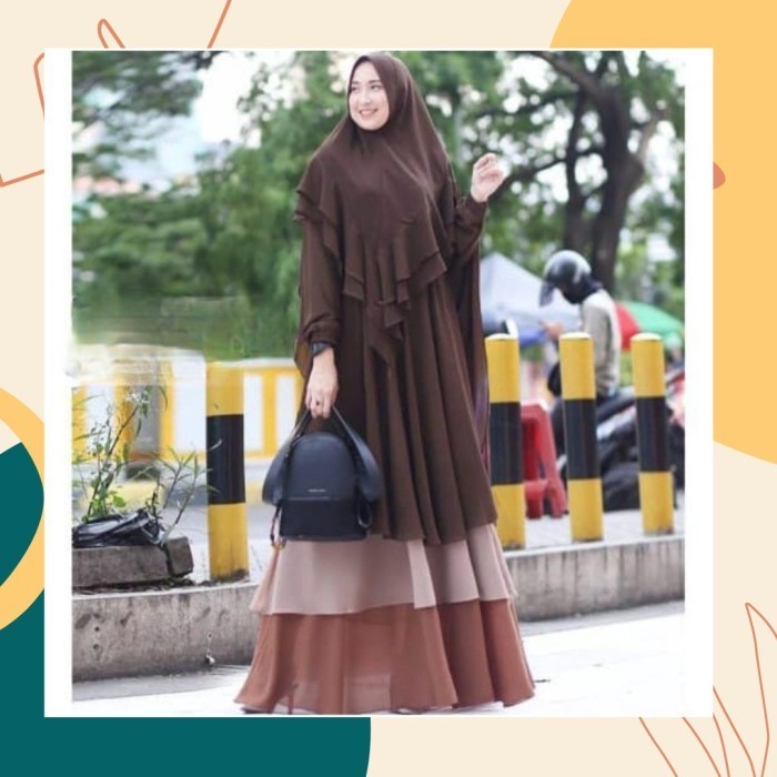 Gamis Syari+ Khimar Jumbo Wanita Muslim RPHAVANA Muslimah Perempuan - Coklat Tua, M