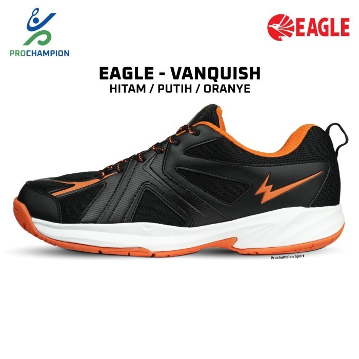 Sepatu Badminton Eagle Original Vanquish Hitam Putih Orange