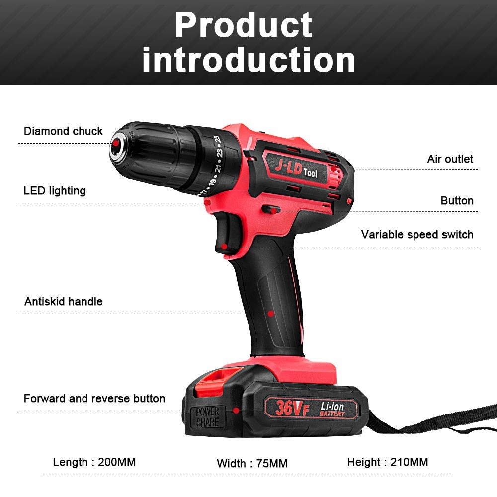 JLD 36vf Mesin bor 2baterai cas JLD 13MM bor listrik murah bor tangan baterai besi tembok Beton kayu