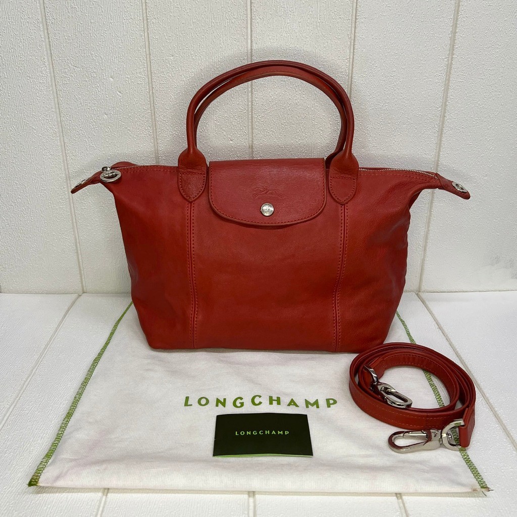 

LONGCHAMP Cuir Le Pliage 100% Ori Tas Handbag Kulit Red Bekas