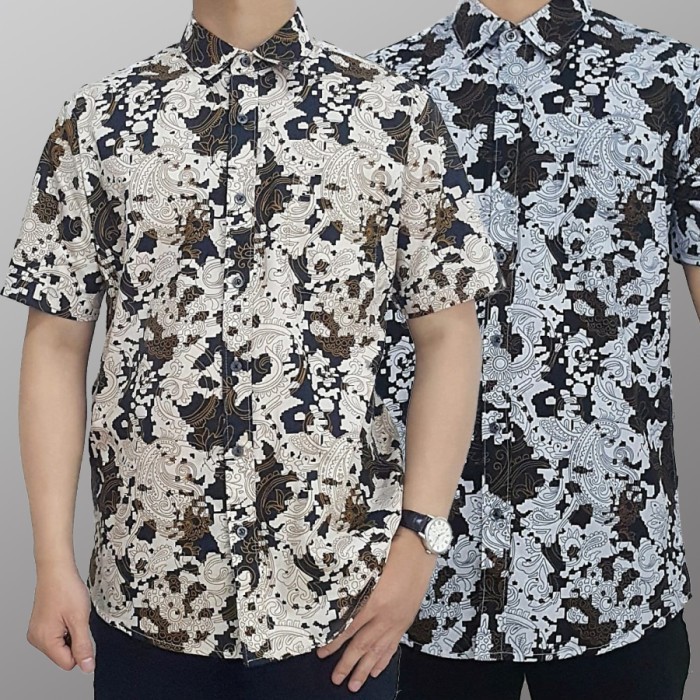 Kemeja Batik Pria - Kemeja Cowok Lengan Pendek Cotton  K003 - Cream, M