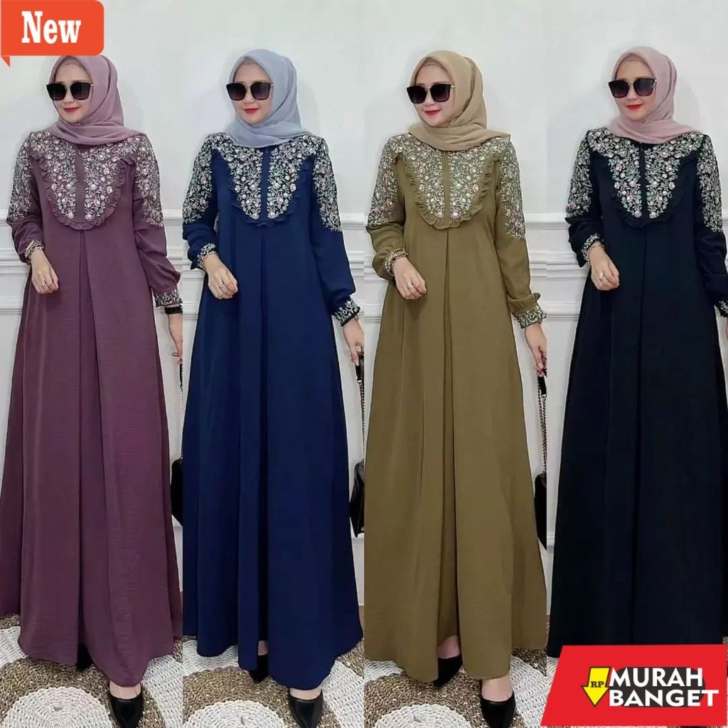 GAMIS WANITA UNTUK LEBARAN- Livy Dress / Gamis Muslimah Terbaru 2022 Bahan Crinkle Aplikasi Bordir K