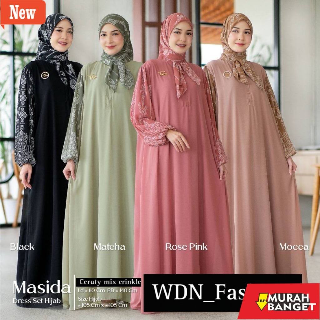 GAMIS WANITA UNTUK LEBARAN- MASIDA DRESS SET HIJAB BAHAN CRINKLE AIRFLOW MOTIF / DRESS GAMIS SET HIJ