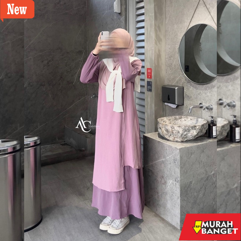 abaya lebaran ala Turkey- Ameera Abaya Turkey Gamis Syari Muslimah Bahan Crinkle Hitam Kombinasi Ren