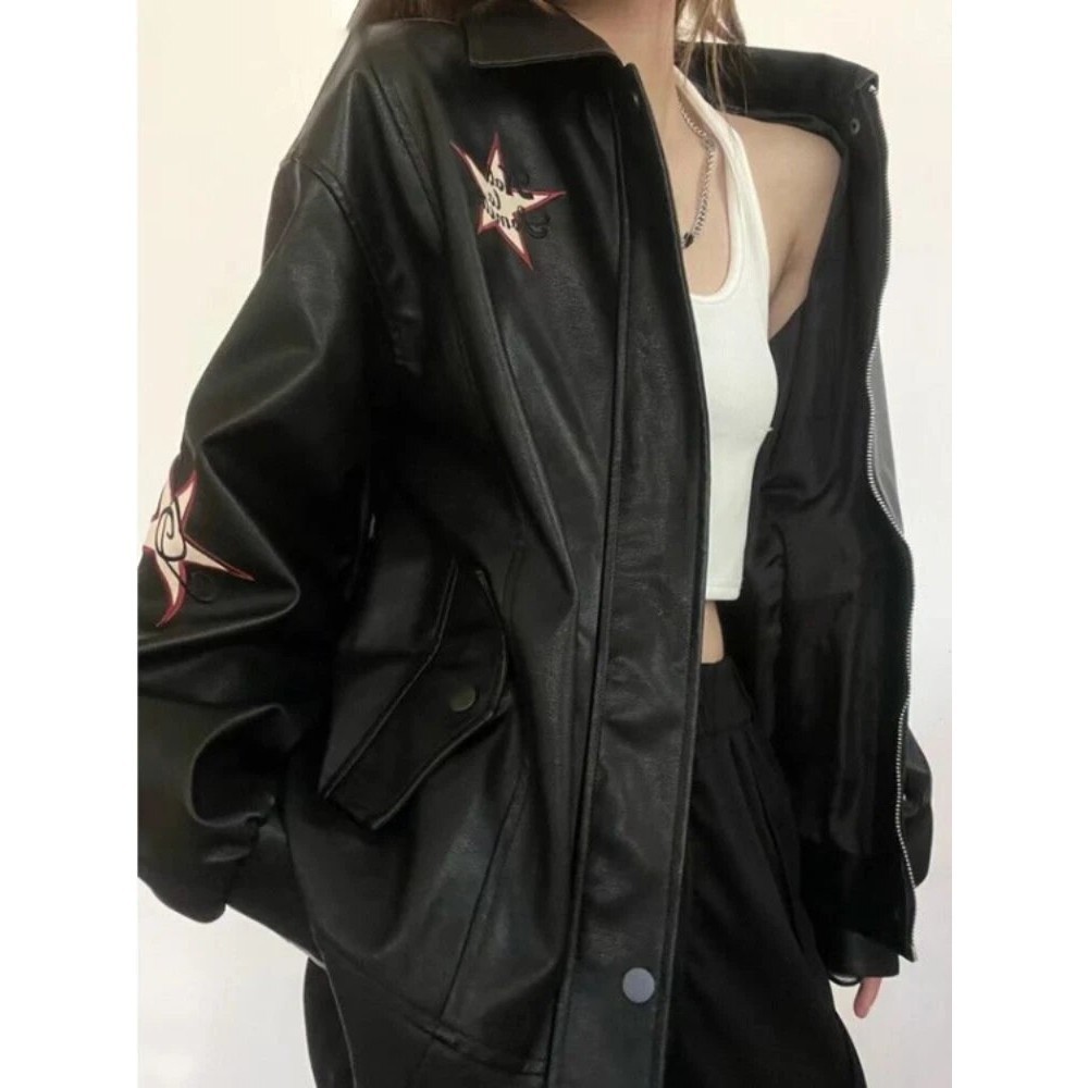 Autumn American Vintage Embroidered Leather Jacket Women Black PU Faux Fur Coat Letter Jaqueta Chaqu