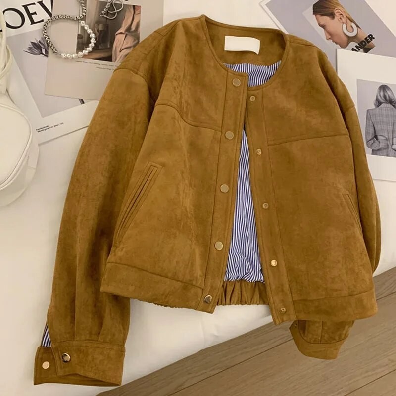 Suede Short Jacket Women OKn Camel Fashion Long Sleeve Flight Suit Harajuku Single Breasted Loose To