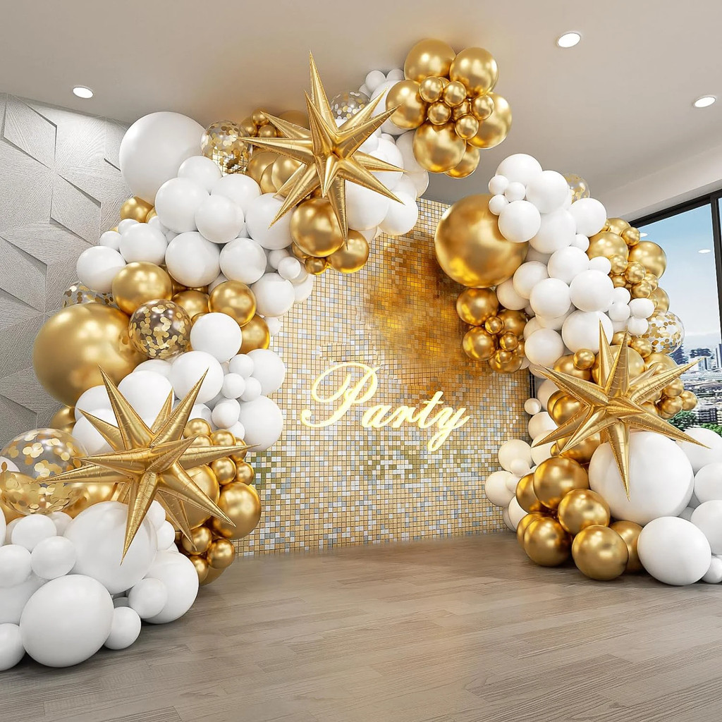 

White and Gold Balloons Garland Arch Kit with Starburst Foil Balloon for Wedding Anniversary Birthday Party Decorations Supplie