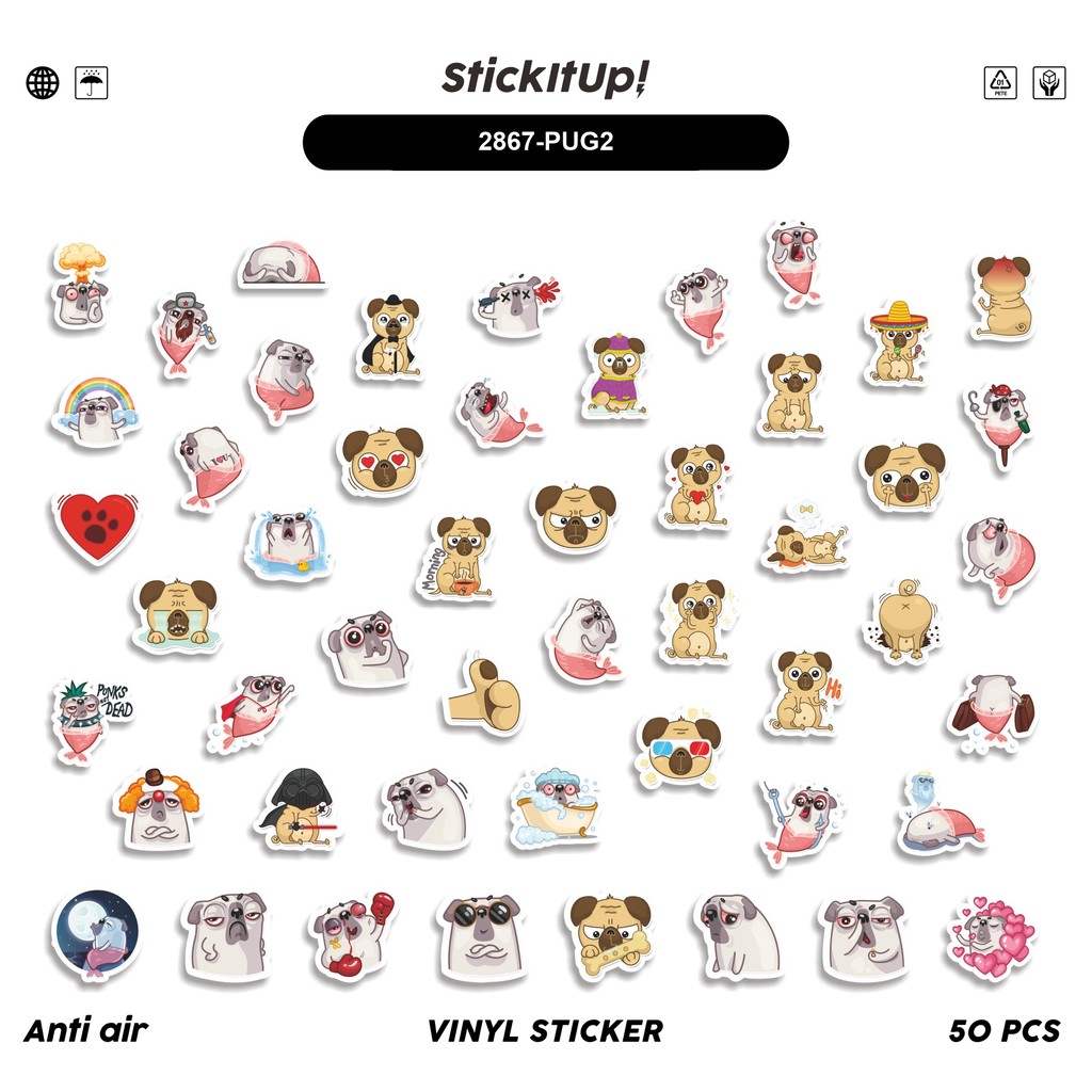 

COD 50 Pcs Stiker Cute Pug Funny Dog V2 Lucu Anti Air Untuk Dekorasi Notebook Sepeda Skateboard Handphone