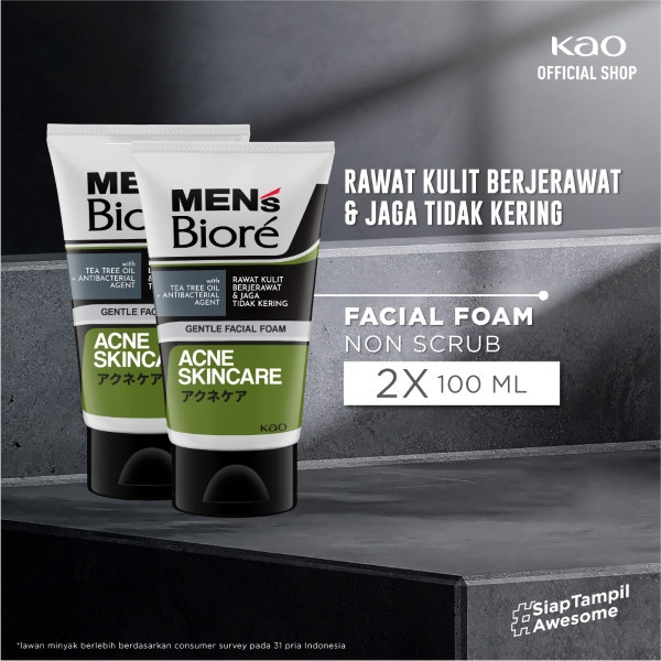 RH63X Men's Biore Non Scrub Sabun Muka Pria Untuk Kulit Berjerawat Acne Skincare Tea Tree Oil 100 gr - Facial Wash Twin Pack