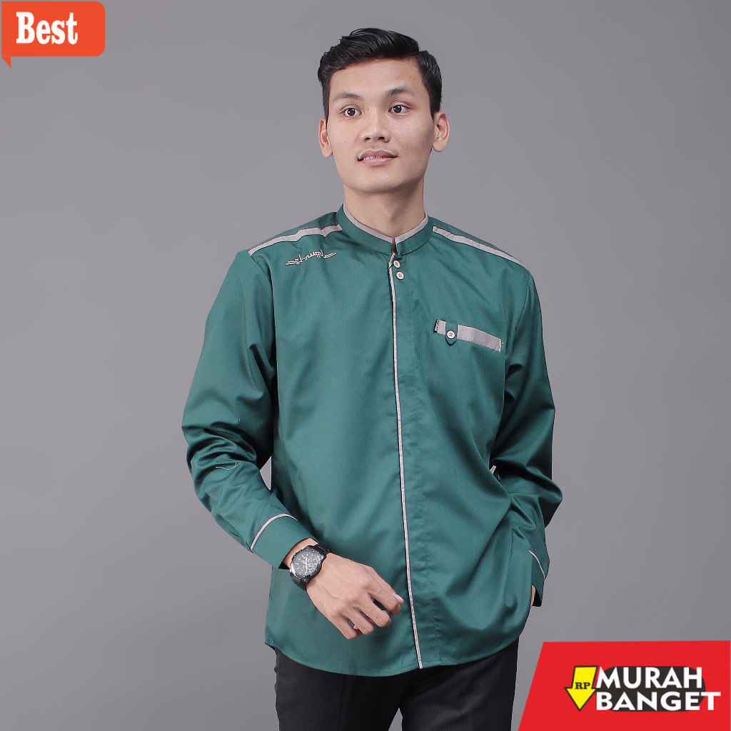 Baju muslim lengan panjang- Baju Koko Lengan Panjang Motif Yisunsin Warna Hijau Botol Bordir Elrumi 