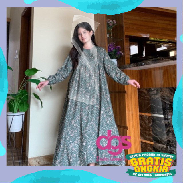 Midi Dress Diandra Motif Bunga Rayon Viscose Daster Panjang Wanita Gamis Hijab Bumil Busui friendly 