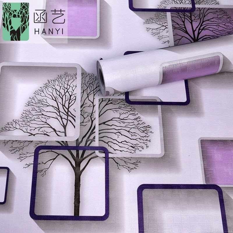 Wallpaper Dinding Stiker Ruang Tamu 3D Kotak Pohon Ungu Mewah Premium Kekinian