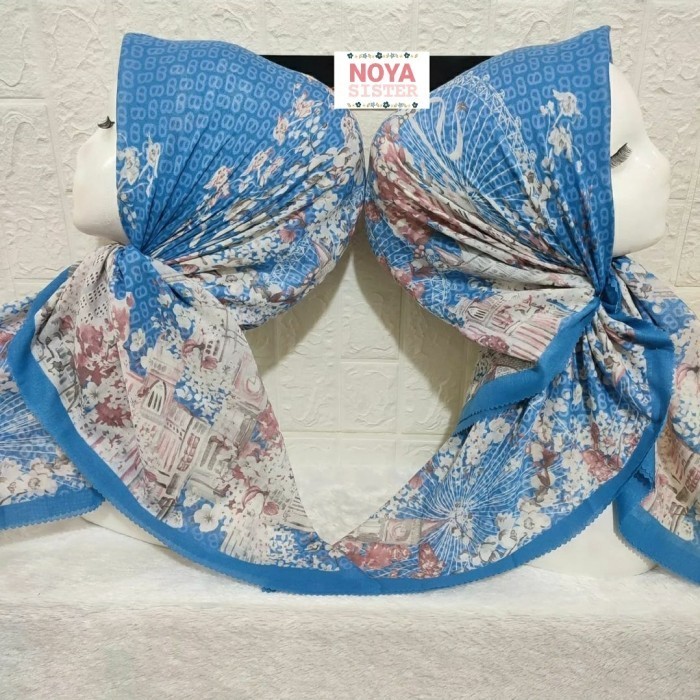 Hijab jilbab segiempat motif biru denim voal kerudung premium Lacercut