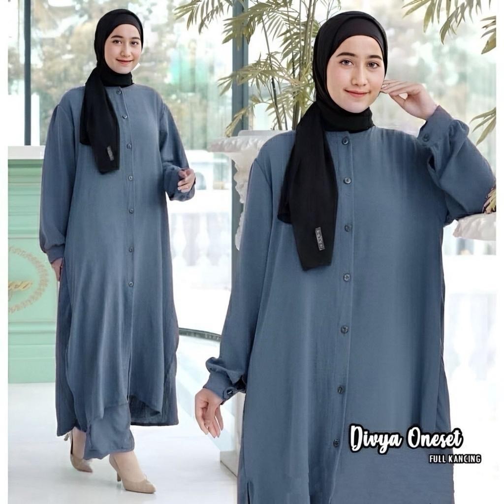 Baju Set Baju Wanita Muslim Motif Polos Crinkle Airflow Import . Busana Lebaran Long Tunic Celana Ju