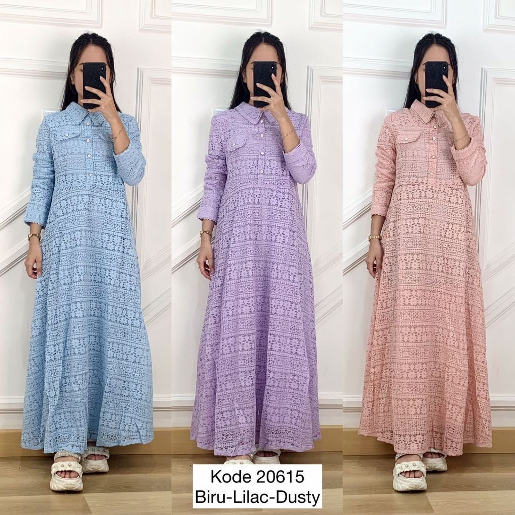 20615 DRESS BRUKAT RENDA KERAH VARIASI ACC BUTTON PEARL TWIN POCKET LENGAN PANJANG PREMIUM WANITA TE