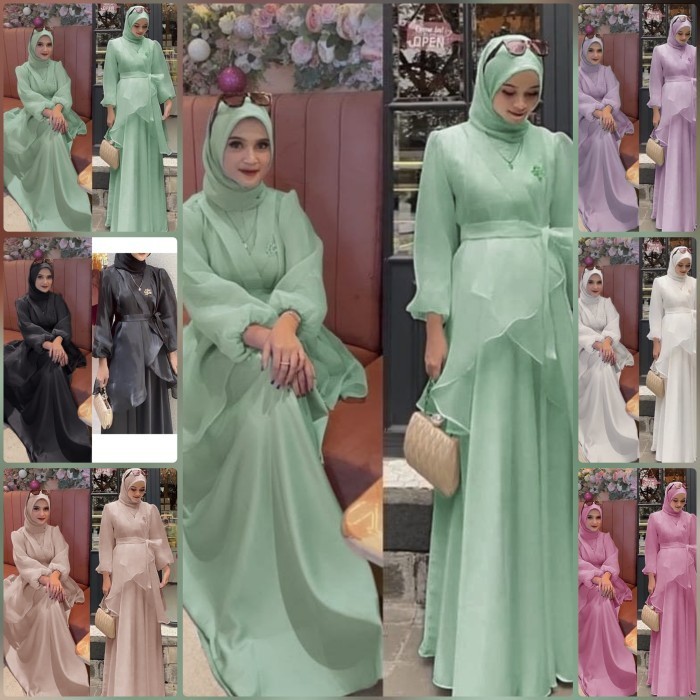 PROMO Hari Raya Idul Fitri- Gamis Dress Maxi Organza Lilac Mocca Dustypink Putih Hijau Mint Hitam