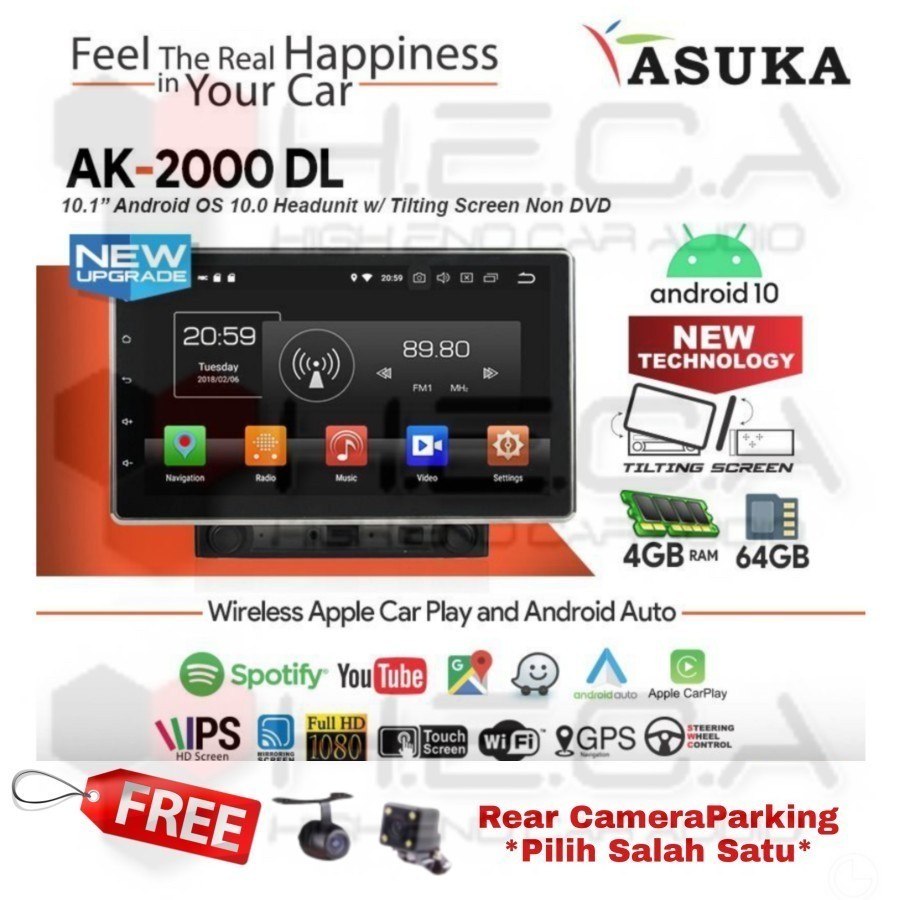 Asuka AK-2000DL Head Unit Android Tape Audio Mobil AK-2000 DL Deckless + Camera
