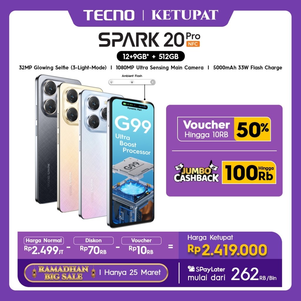 iA Ponsel TECNO SPARK 20 Pro NFC – 12GB+256GB, 108MP+32MP, Helio G99, 6,78" AMOLED FHD+ 120Hz, Stere