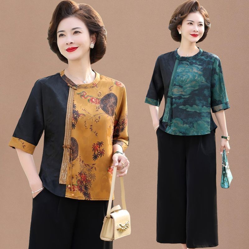 Mum 2024 Setelan Gaya Etnik Musim Panas Setelan Baju Nenek Lengan Pendek Baru