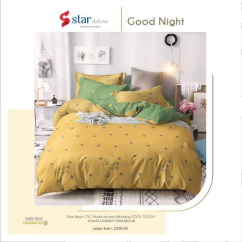 Sprei Motif Bulan Bintang hijau Kuning | Sprei Motif Goodnight | Sprei Katun Lokal Homemade