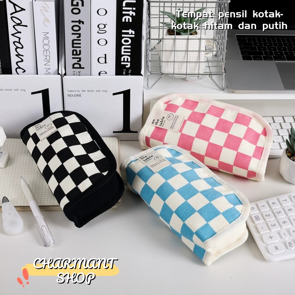 

[CHARMANT] Kotak pensil kotak-kotak hitam putih berkapasitas besar kotak pensil perlengkapan belajar kotak pensil Jepang berkapasitas besar/kotak pensil